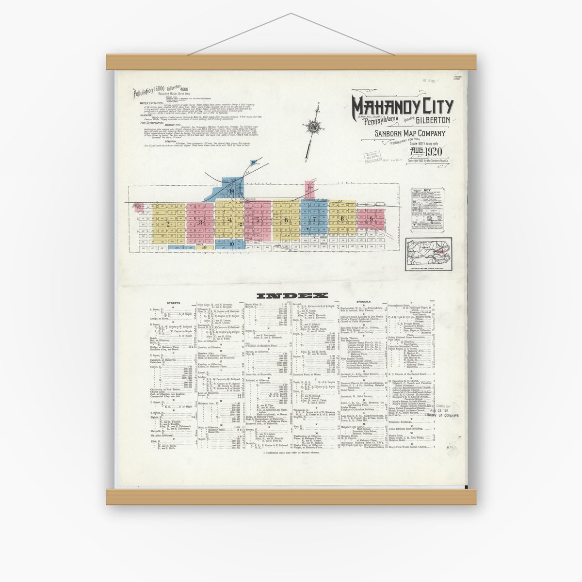 Old map wall art mockup — magnetic wood frame on white wall — Sanborn Fire Insurance Map from Mahanoy City, Schuylkill County, Pennsylvania (1920) - Complete Map Set
