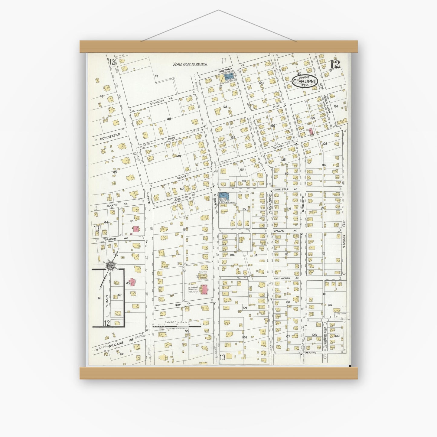 Old map wall art mockup — magnetic wood frame on white wall — Sanborn Fire Insurance Map from Cleburne, Johnson County, Texas (1918), Sheet #0012