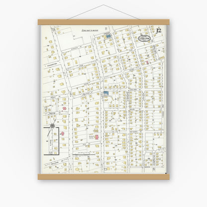 Old map wall art mockup — magnetic wood frame on white wall — Sanborn Fire Insurance Map from Cleburne, Johnson County, Texas (1918), Sheet #0012