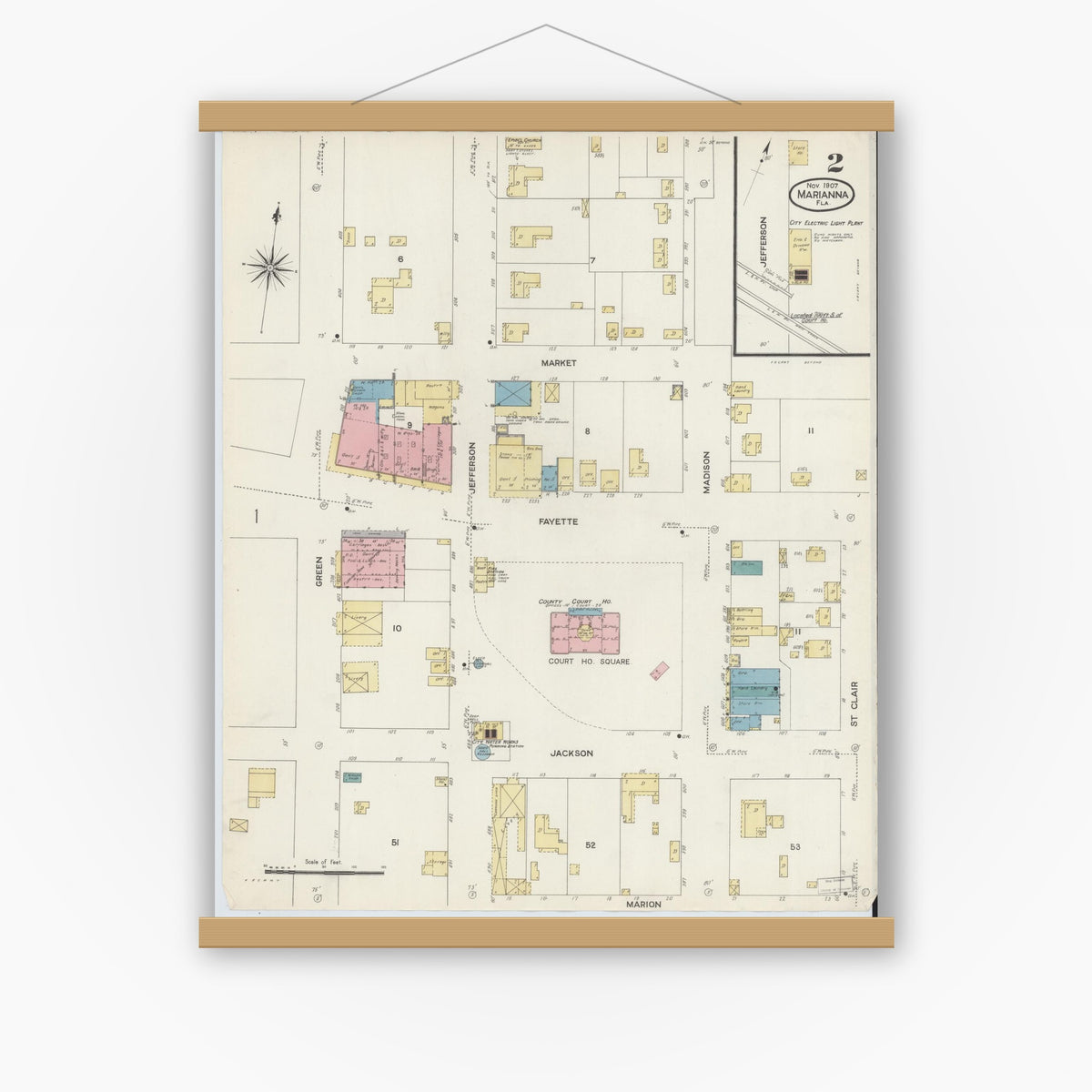 Old map wall art mockup — magnetic wood frame on white wall — Sanborn Fire Insurance Map from Marianna, Jackson County, Florida (1907), Sheet #0002