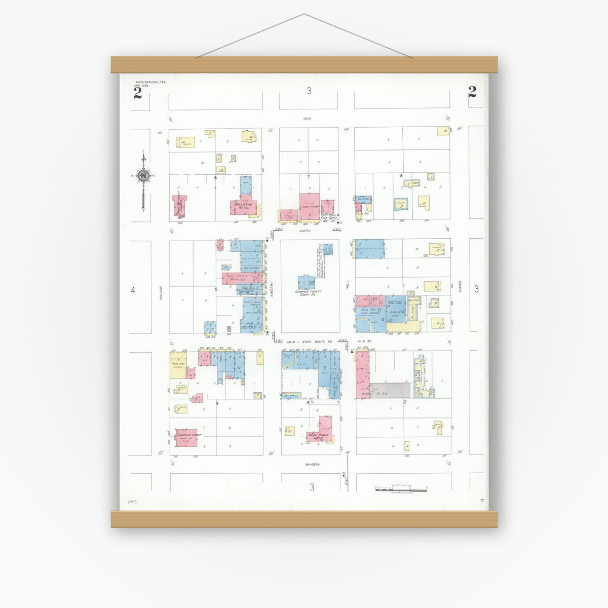 Old map wall art mockup — magnetic wood frame on white wall — Sanborn Fire Insurance Map from Rocksprings, Edwards County, Texas (1948), Sheet #0002