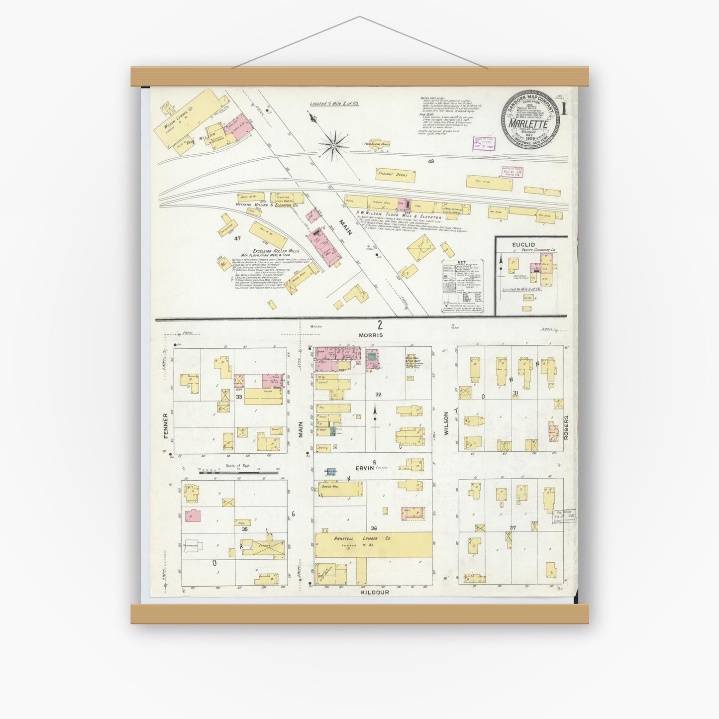 Old map wall art mockup — magnetic wood frame on white wall — Sanborn Fire Insurance Map from Marlette, Sanilac County, Michigan (1909) - Complete Map Set