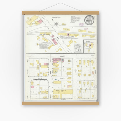 Old map wall art mockup — magnetic wood frame on white wall — Sanborn Fire Insurance Map from Marlette, Sanilac County, Michigan (1909) - Complete Map Set