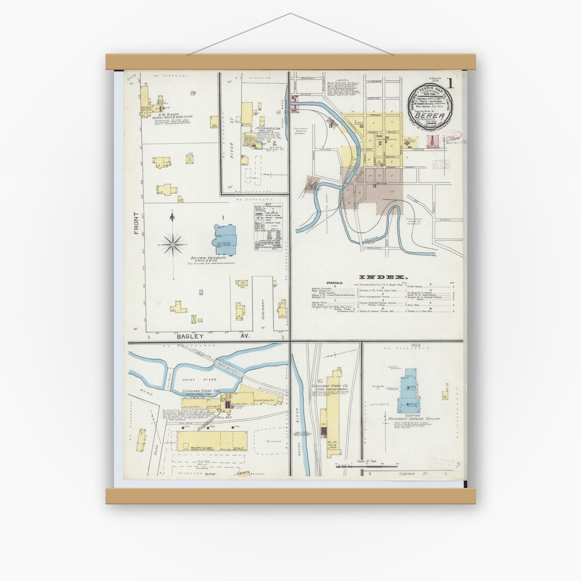 Old map wall art mockup — magnetic wood frame on white wall — Sanborn Fire Insurance Map from Berea, Cuyahoga County, Ohio (1893), Sheet #0001