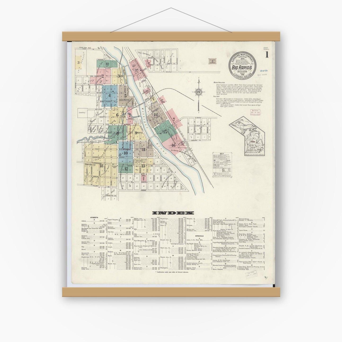 Old map wall art mockup — magnetic wood frame on white wall — Sanborn Fire Insurance Map from Big Rapids, Mecosta County, Michigan (1914) - Complete Map Set