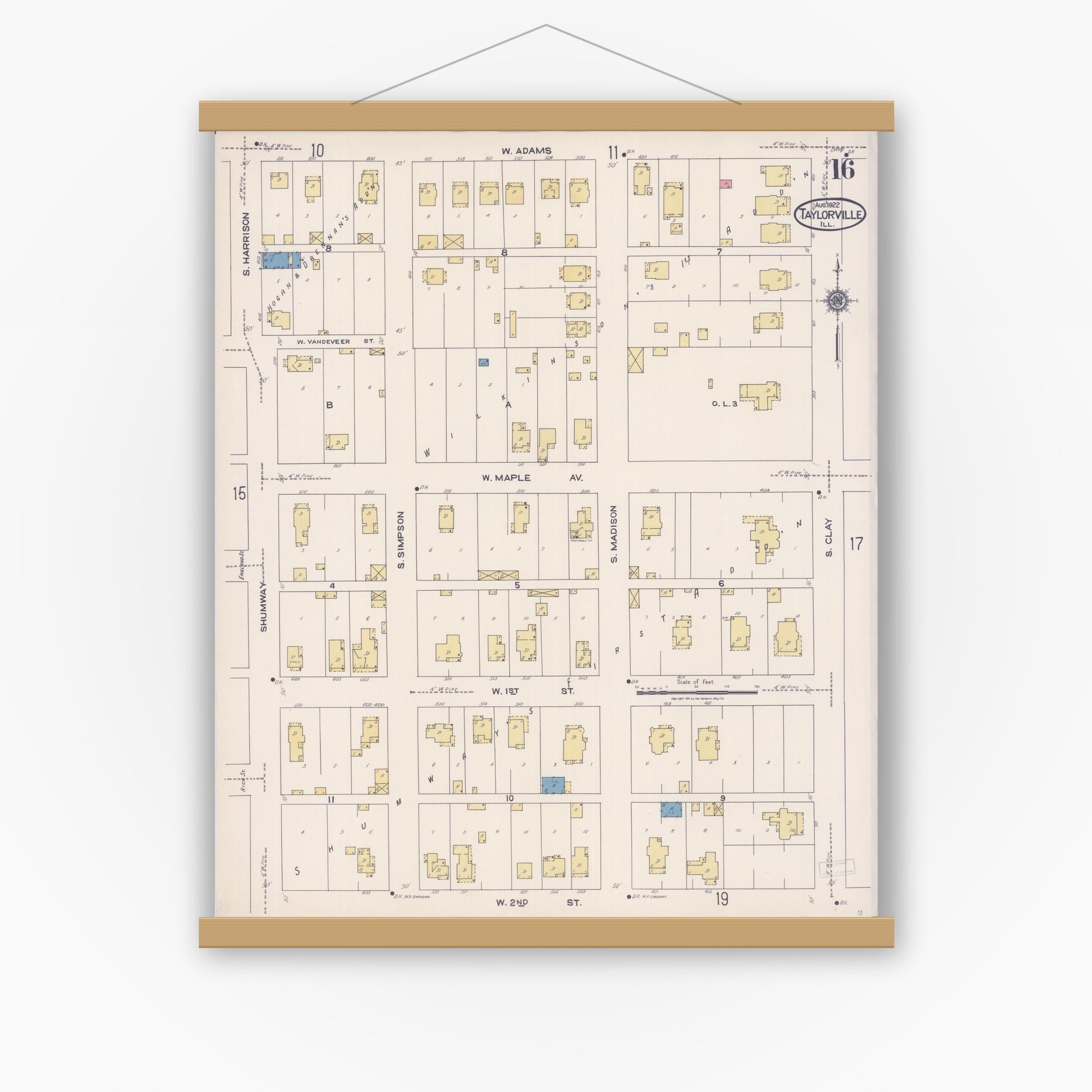 Old map wall art mockup — magnetic wood frame on white wall — Sanborn Fire Insurance Map from Taylorville, Christian County, Illinois (1922), Sheet #0016