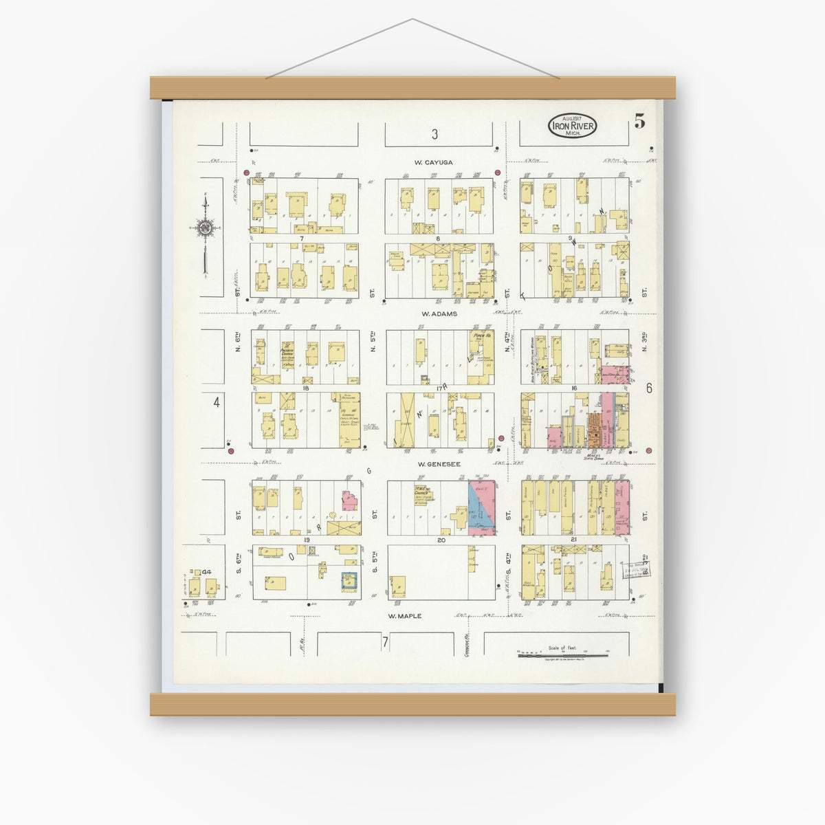 Old map wall art mockup — magnetic wood frame on white wall — Sanborn Fire Insurance Map from Iron River, Iron County, Michigan (1917), Sheet #0005