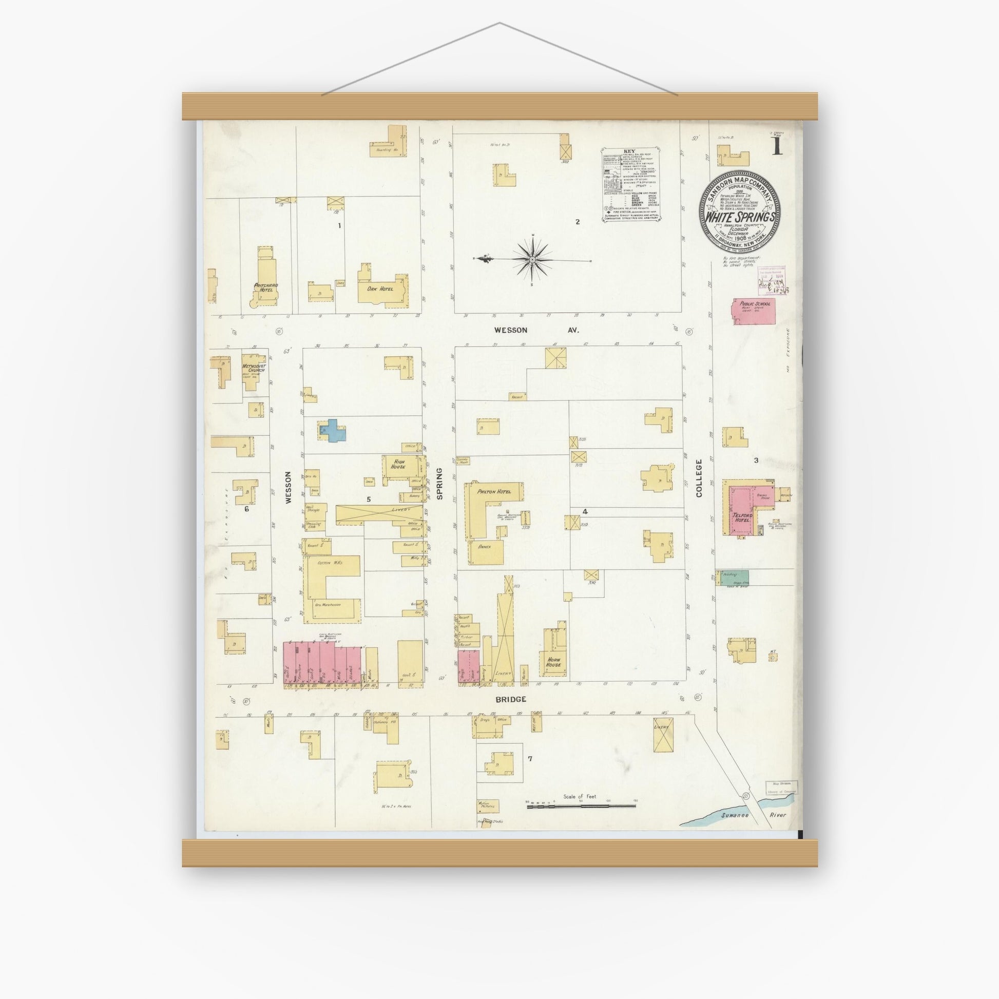 Old map wall art mockup — magnetic wood frame on white wall — Sanborn Fire Insurance Map from White Springs, Hamilton County, Florida (1908) - Complete Map Set