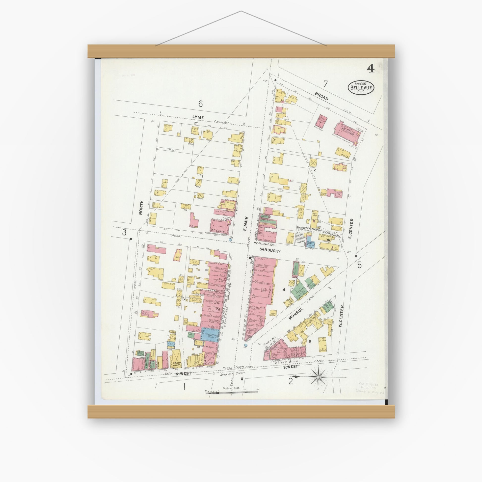 Old map wall art mockup — magnetic wood frame on white wall — Sanborn Fire Insurance Map from Bellevue, Huron And Sandusky County, Ohio (1899), Sheet #0004