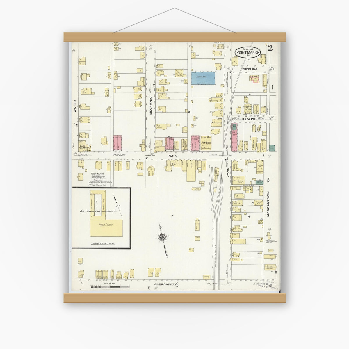 Old map wall art mockup — magnetic wood frame on white wall — Sanborn Fire Insurance Map from Point Marion, Fayette County, Pennsylvania (1909), Sheet #0002