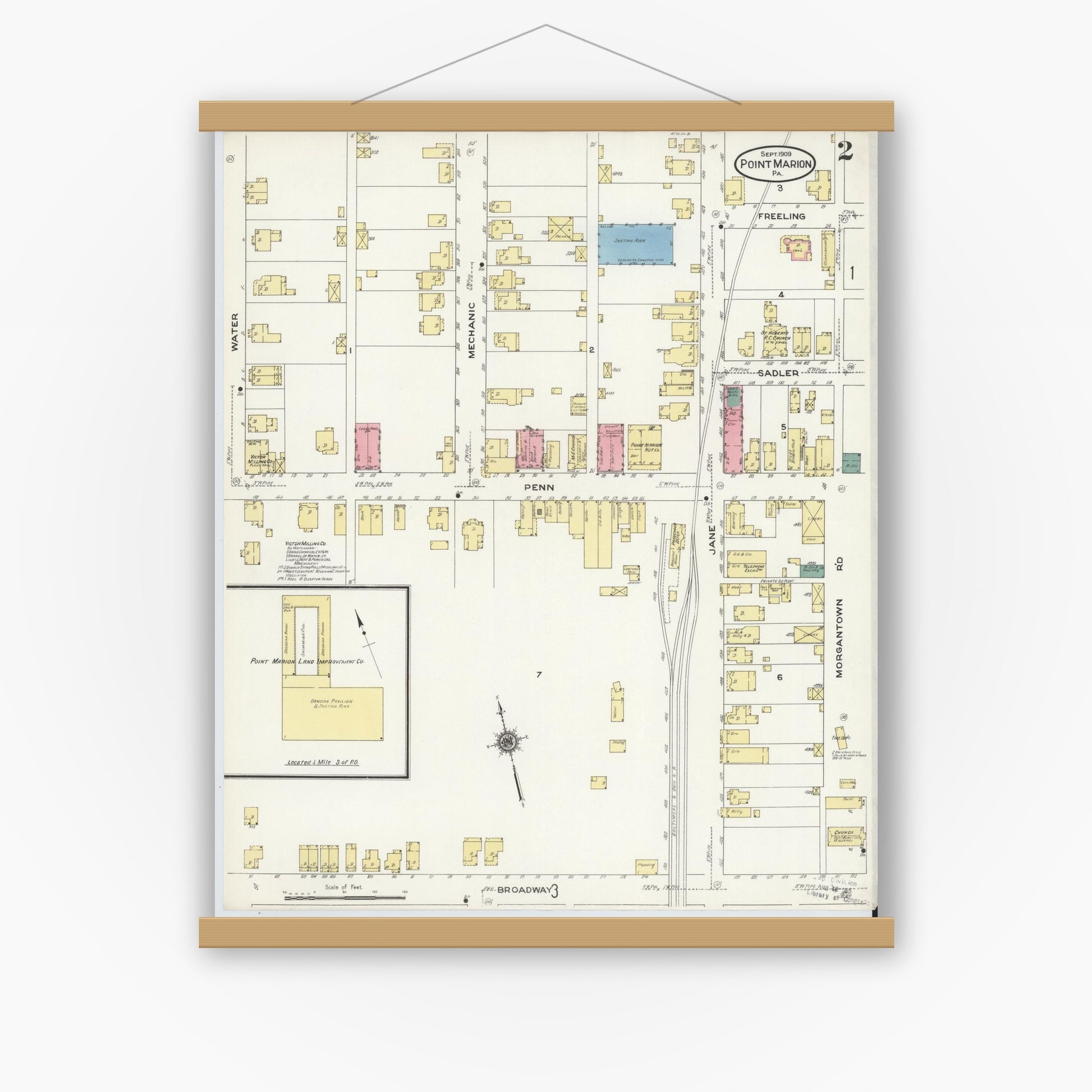 Old map wall art mockup — magnetic wood frame on white wall — Sanborn Fire Insurance Map from Point Marion, Fayette County, Pennsylvania (1909), Sheet #0002