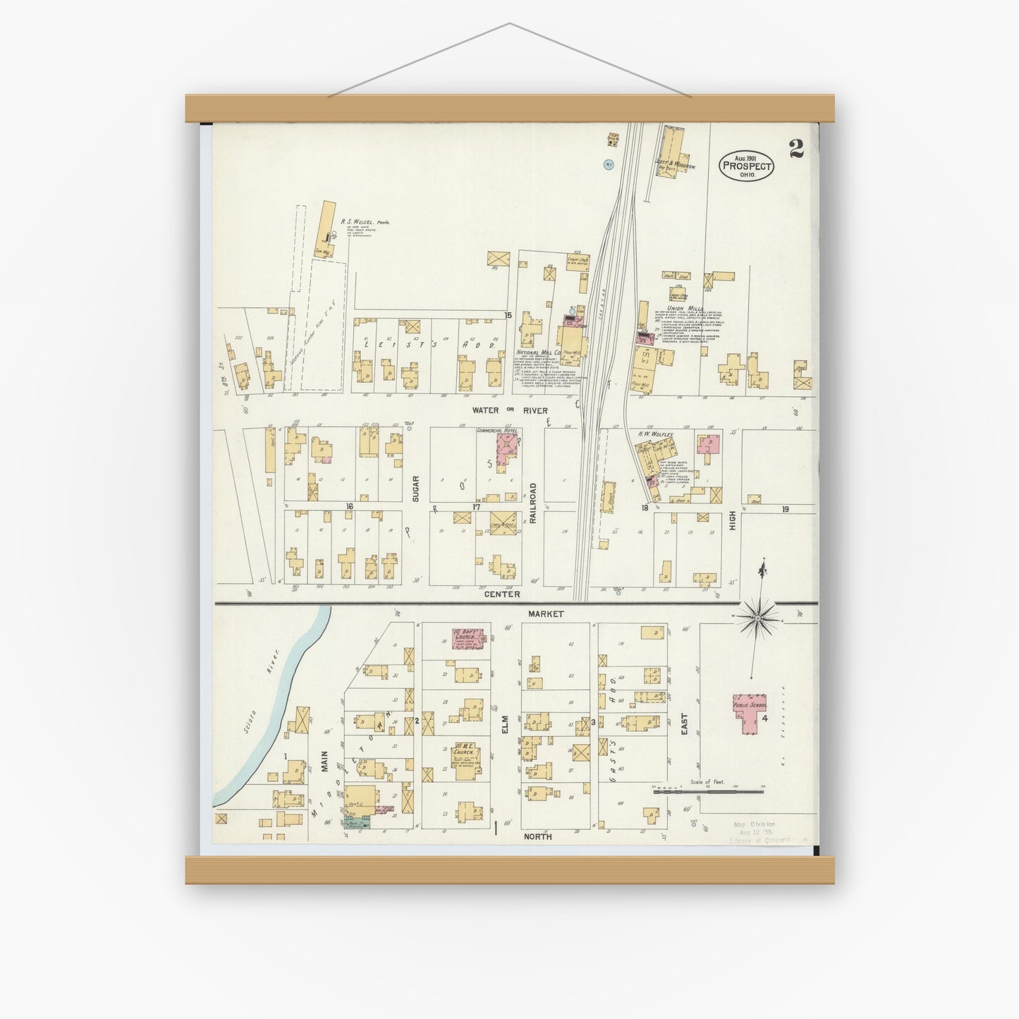 Old map wall art mockup — magnetic wood frame on white wall — Sanborn Fire Insurance Map from Prospect, Marion County, Ohio (1901), Sheet #0002