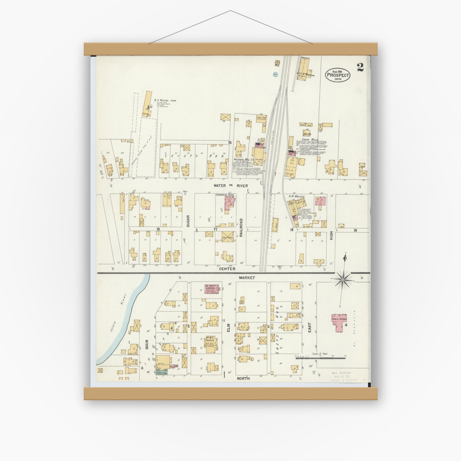 Old map wall art mockup — magnetic wood frame on white wall — Sanborn Fire Insurance Map from Prospect, Marion County, Ohio (1901), Sheet #0002
