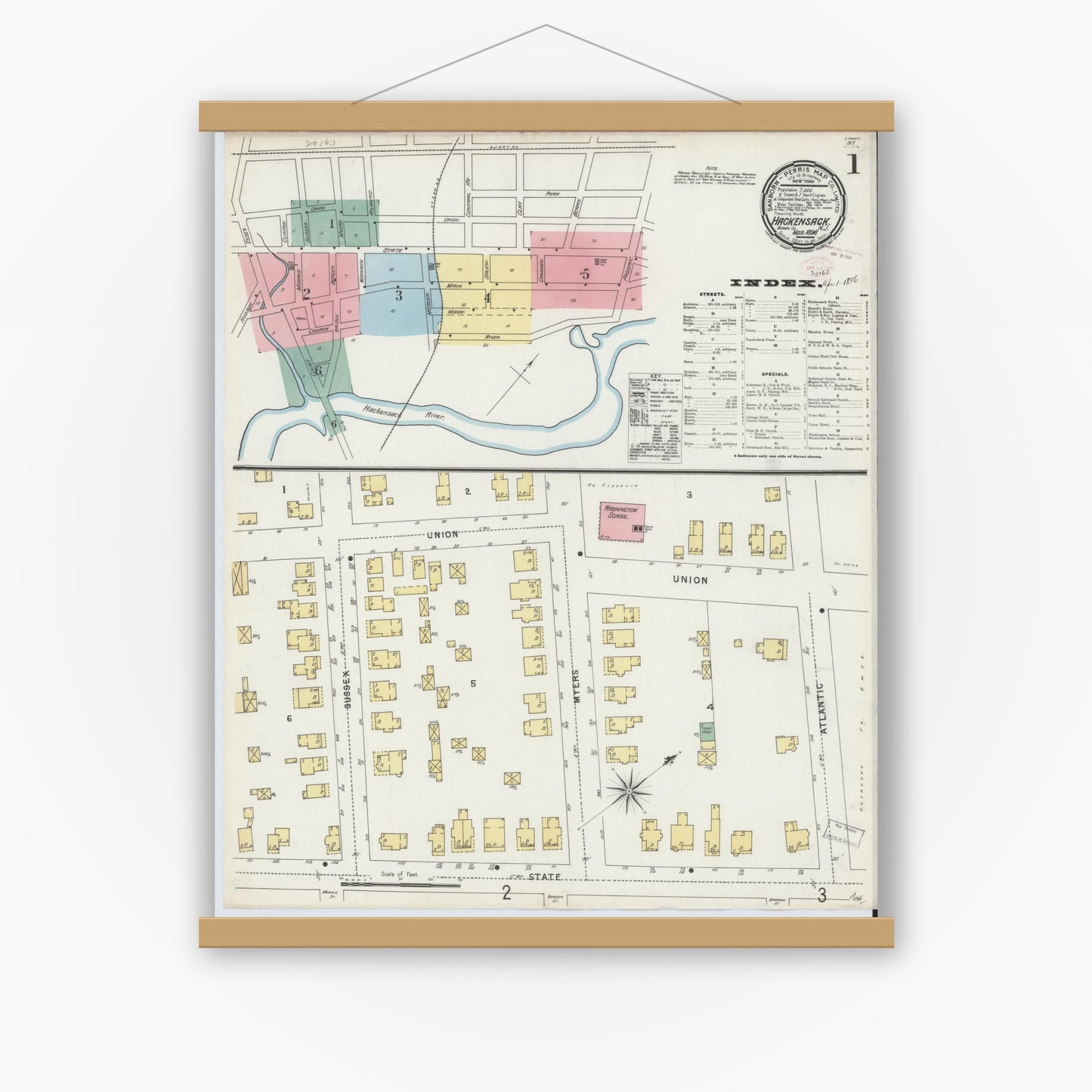 Old map wall art mockup — magnetic wood frame on white wall — Sanborn Fire Insurance Map from Hackensack, Bergen County, New Jersey (1896) - Complete Map Set