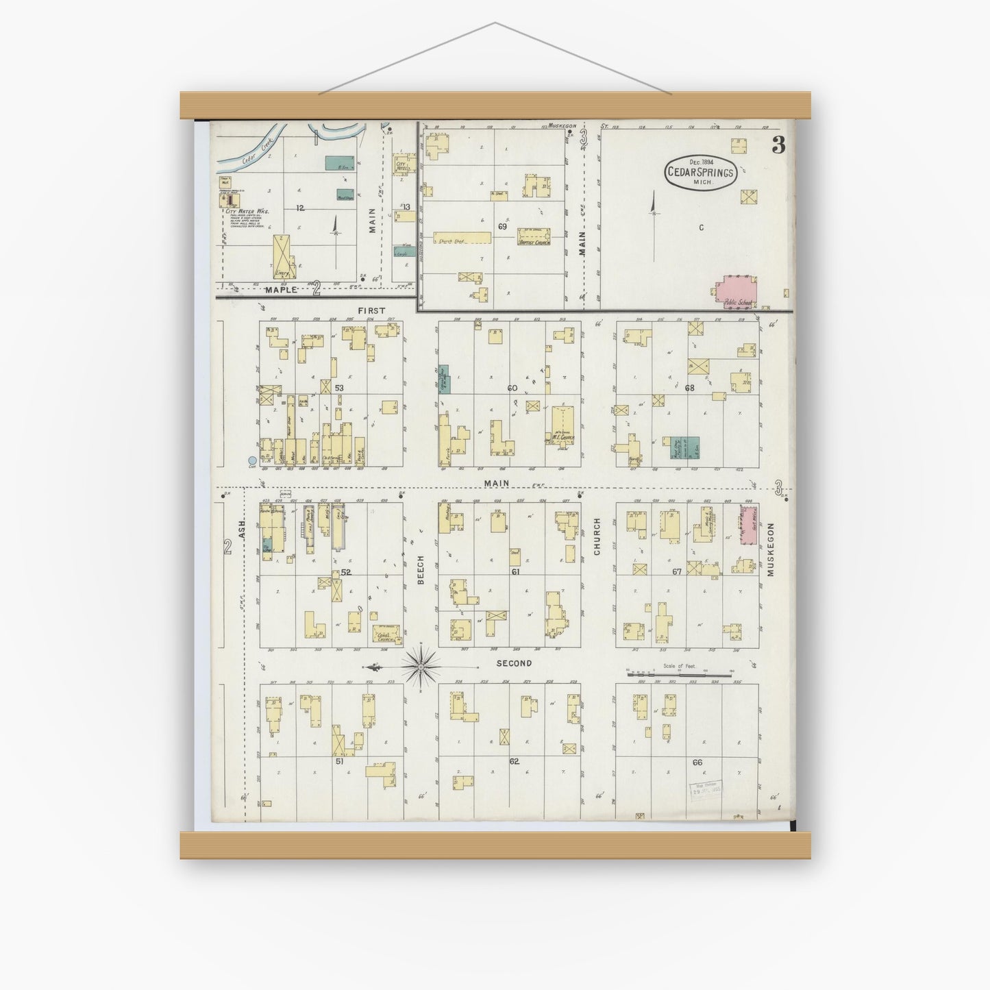 Old map wall art mockup — magnetic wood frame on white wall — Sanborn Fire Insurance Map from Cedar Springs, Kent County, Michigan (1894), Sheet #0003