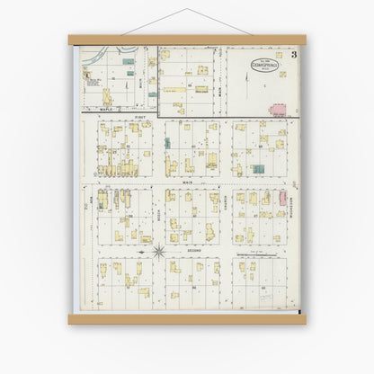 Old map wall art mockup — magnetic wood frame on white wall — Sanborn Fire Insurance Map from Cedar Springs, Kent County, Michigan (1894), Sheet #0003