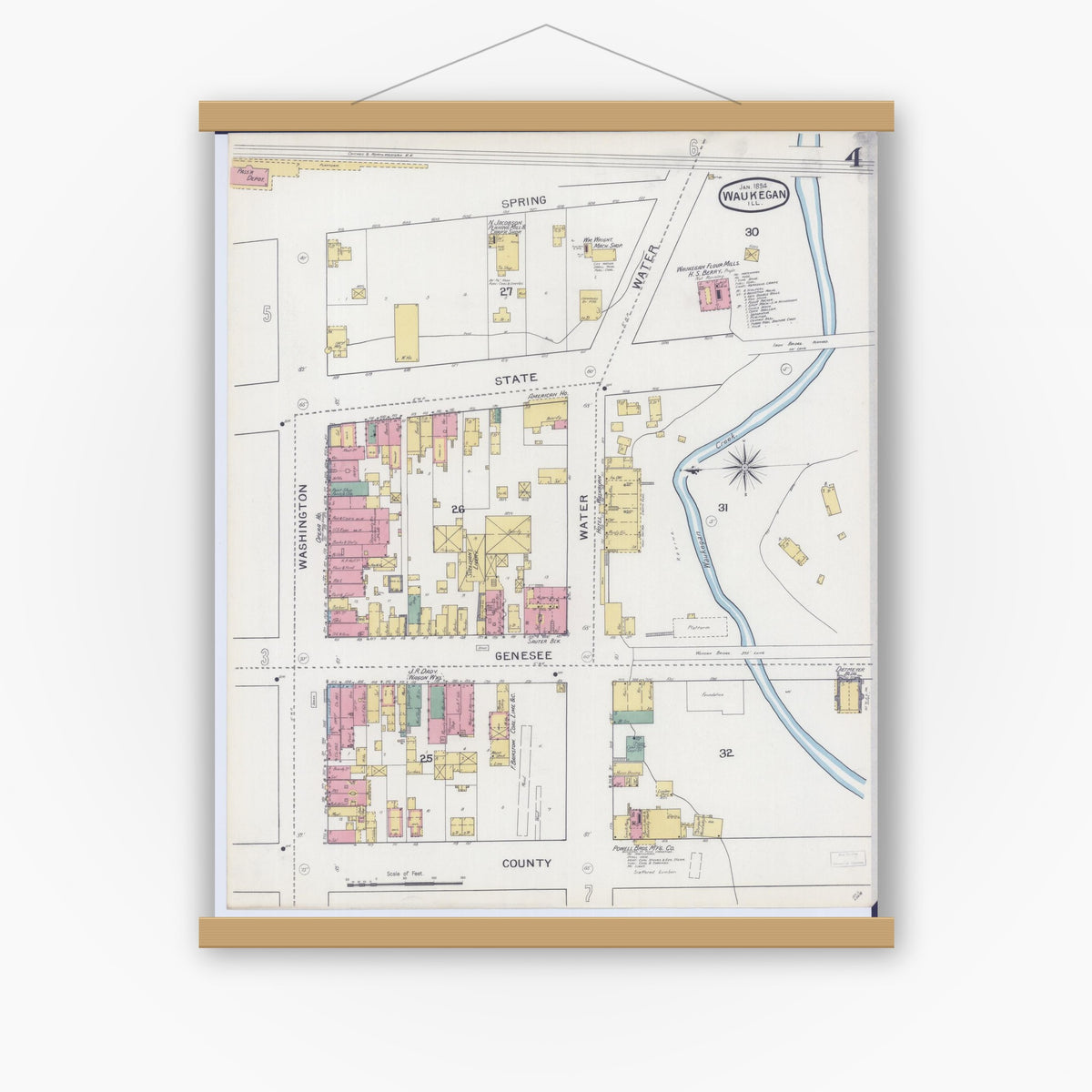 Old map wall art mockup — magnetic wood frame on white wall — Sanborn Fire Insurance Map from Waukegan, Lake County, Illinois (1894), Sheet #0004