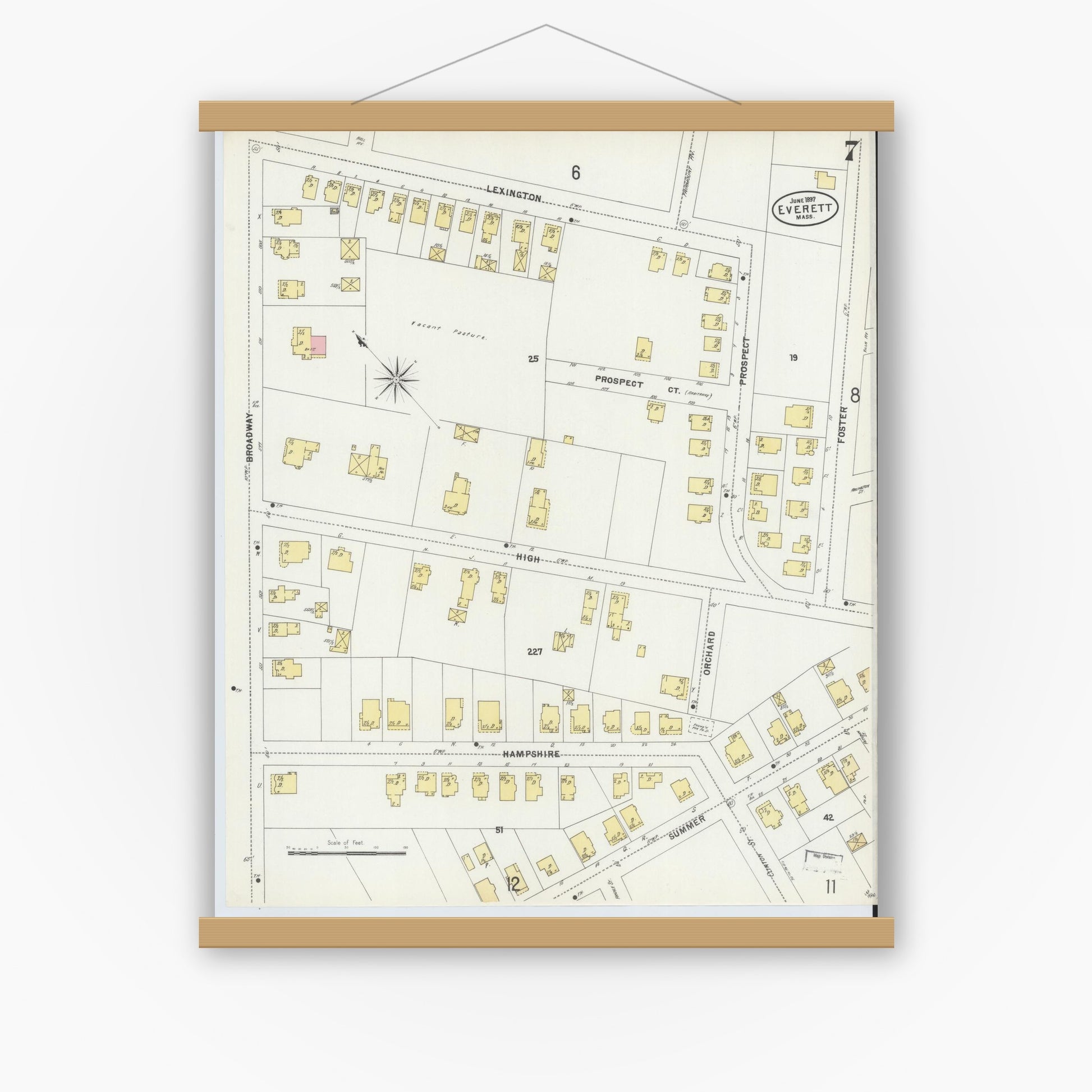 Old map wall art mockup — magnetic wood frame on white wall — Sanborn Fire Insurance Map from Everett, Middlesex County, Massachusetts (1897), Sheet #0007