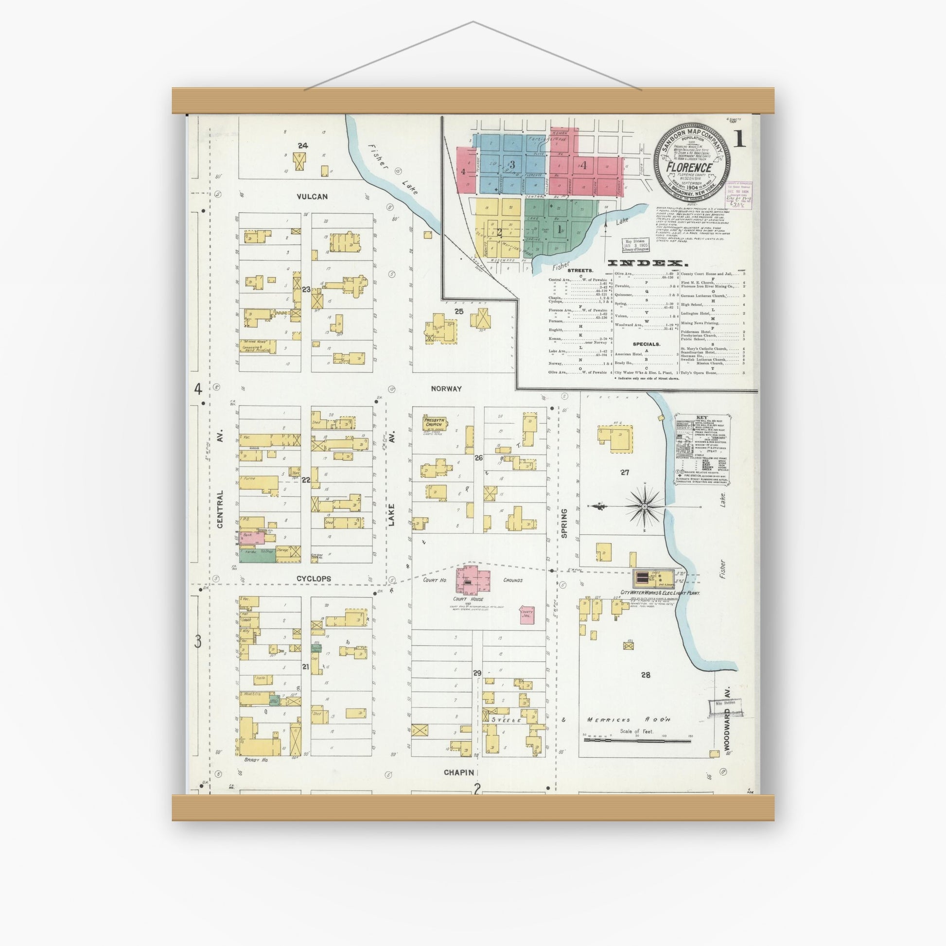 Old map wall art mockup — magnetic wood frame on white wall — Sanborn Fire Insurance Map from Florence, Florence County, Wisconsin (1904) - Complete Map Set