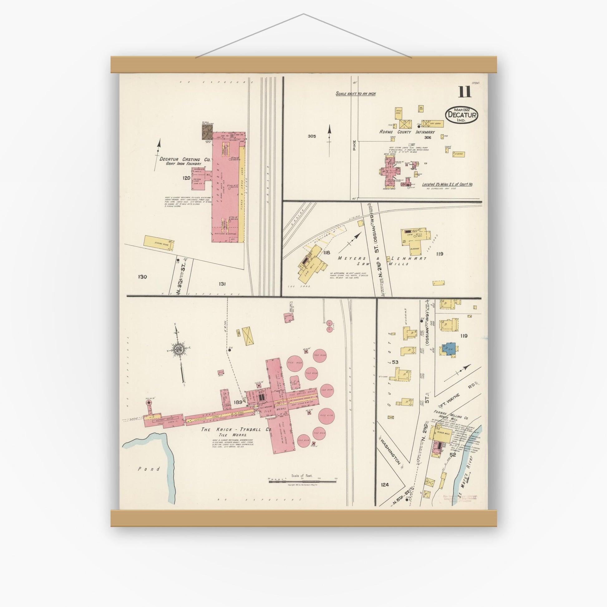 Old map wall art mockup — magnetic wood frame on white wall — Sanborn Fire Insurance Map from Decatur, Adams County, Indiana (1922), Sheet #0011