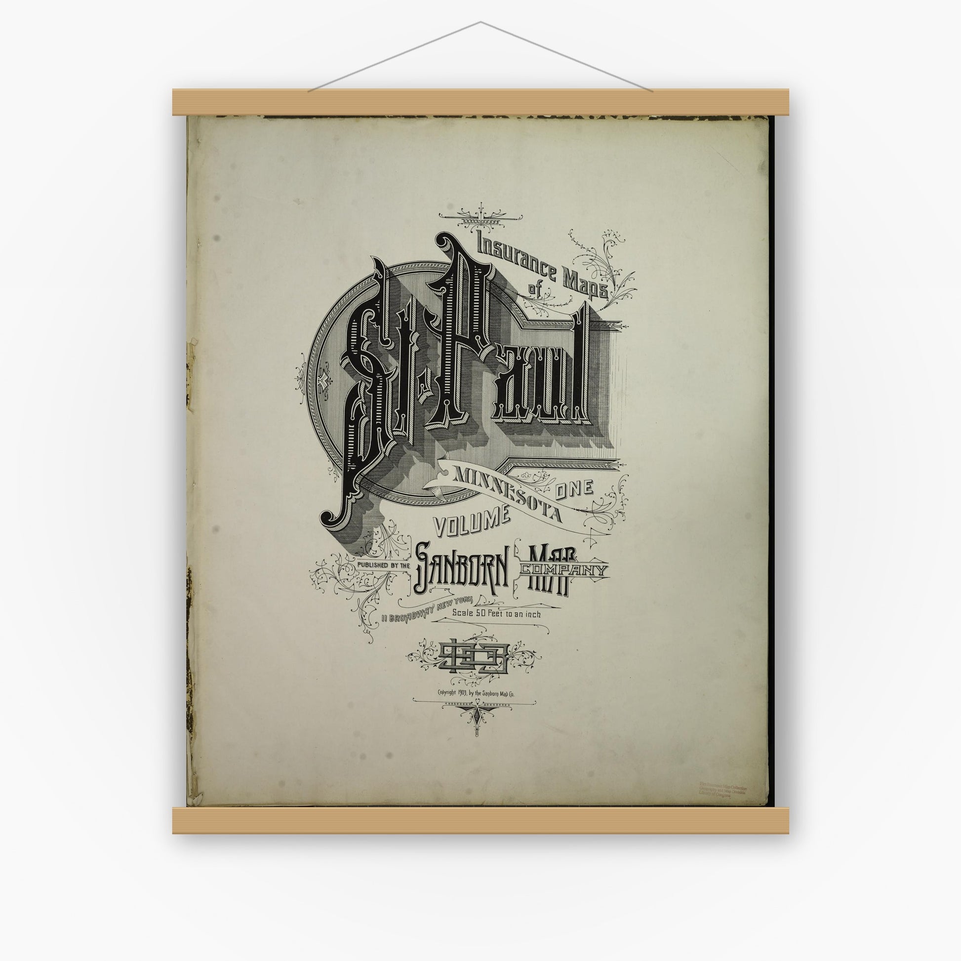 Old map wall art mockup — magnetic wood frame on white wall — Sanborn Fire Insurance Map from Saint Paul, Ramsey County, Minnesota (1903), Sheet #0001