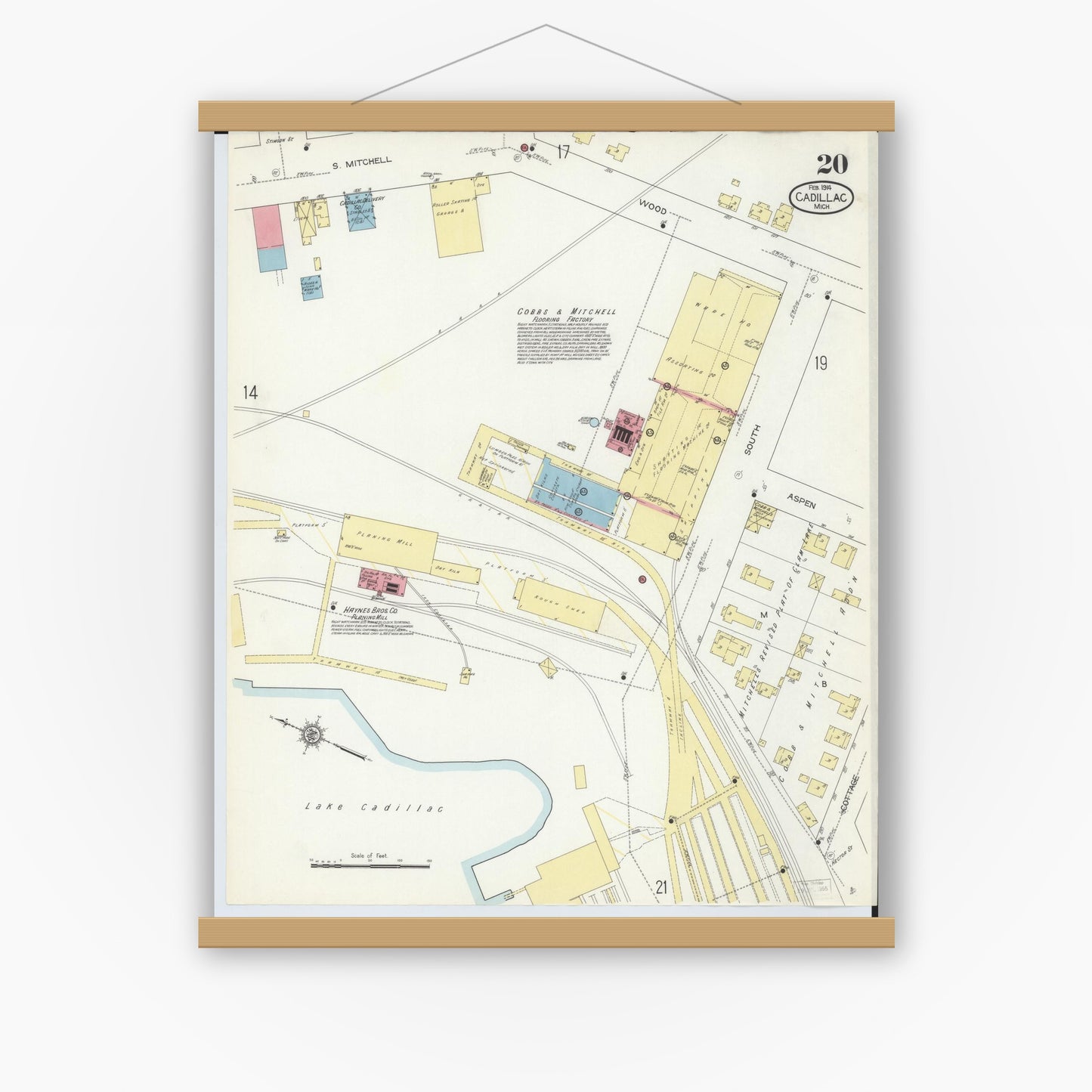 Old map wall art mockup — magnetic wood frame on white wall — Sanborn Fire Insurance Map from Cadillac, Wexford County, Michigan (1914), Sheet #0020