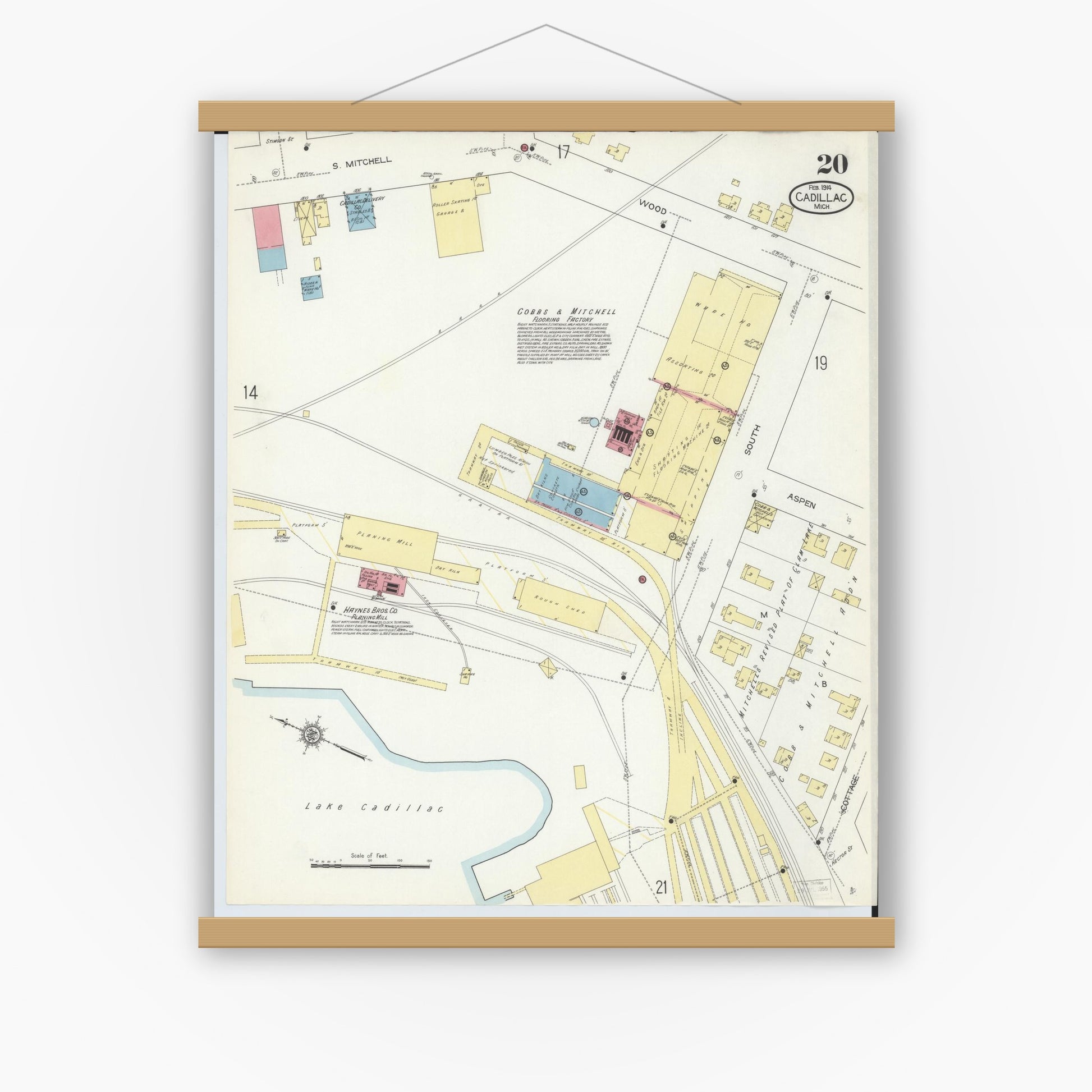 Old map wall art mockup — magnetic wood frame on white wall — Sanborn Fire Insurance Map from Cadillac, Wexford County, Michigan (1914), Sheet #0020
