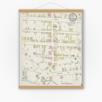 Old map wall art mockup — magnetic wood frame on white wall — Sanborn Fire Insurance Map from Meyersdale, Somerset County, Pennsylvania (1887) - Complete Map Set