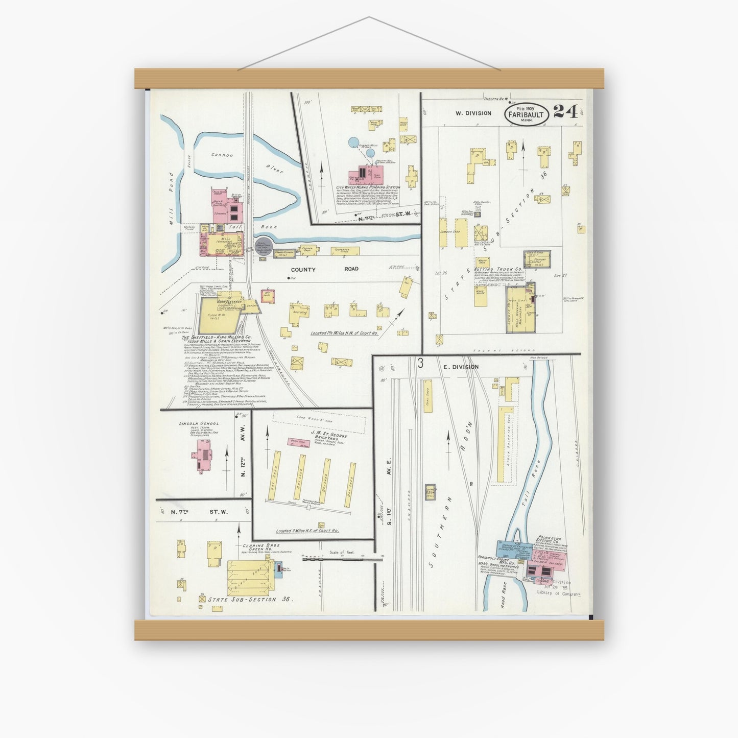 Old map wall art mockup — magnetic wood frame on white wall — Sanborn Fire Insurance Map from Faribault, Rice County, Minnesota (1909), Sheet #0024