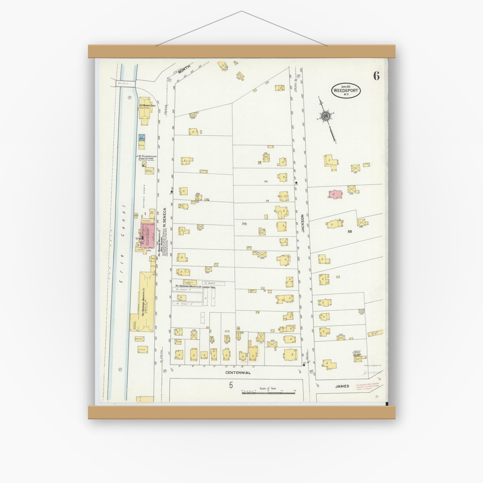 Old map wall art mockup — magnetic wood frame on white wall — Sanborn Fire Insurance Map from Weedsport, Cayuga County, New York (1911), Sheet #0006