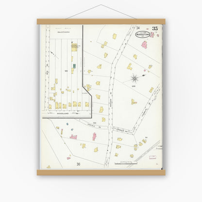 Old map wall art mockup — magnetic wood frame on white wall — Sanborn Fire Insurance Map from Morristown, Morris County, New Jersey (1909), Sheet #0035