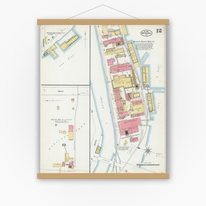Old map wall art mockup — magnetic wood frame on white wall — Sanborn Fire Insurance Map from Menasha, Winnebago County, Wisconsin (1906), Sheet #0012