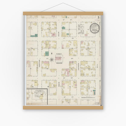 Old map wall art mockup — magnetic wood frame on white wall — Sanborn Fire Insurance Map from Jasper, Dubois County, Indiana (1886) - Complete Map Set