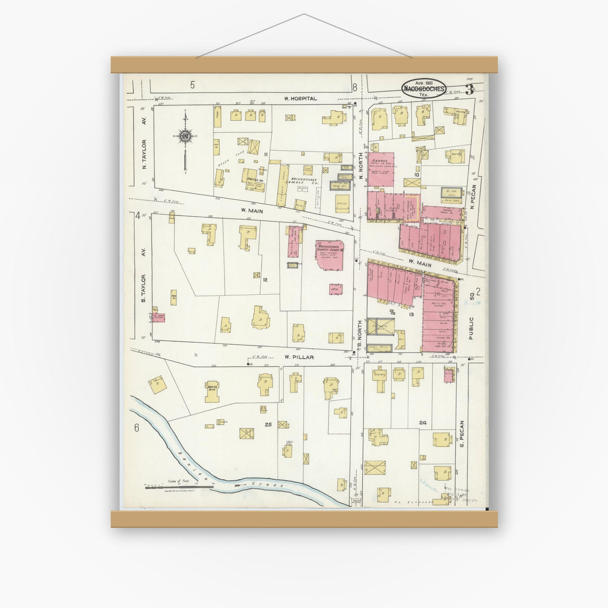Old map wall art mockup — magnetic wood frame on white wall — Sanborn Fire Insurance Map from Nacogdoches, Nacogdoches County, Texas (1921), Sheet #0003