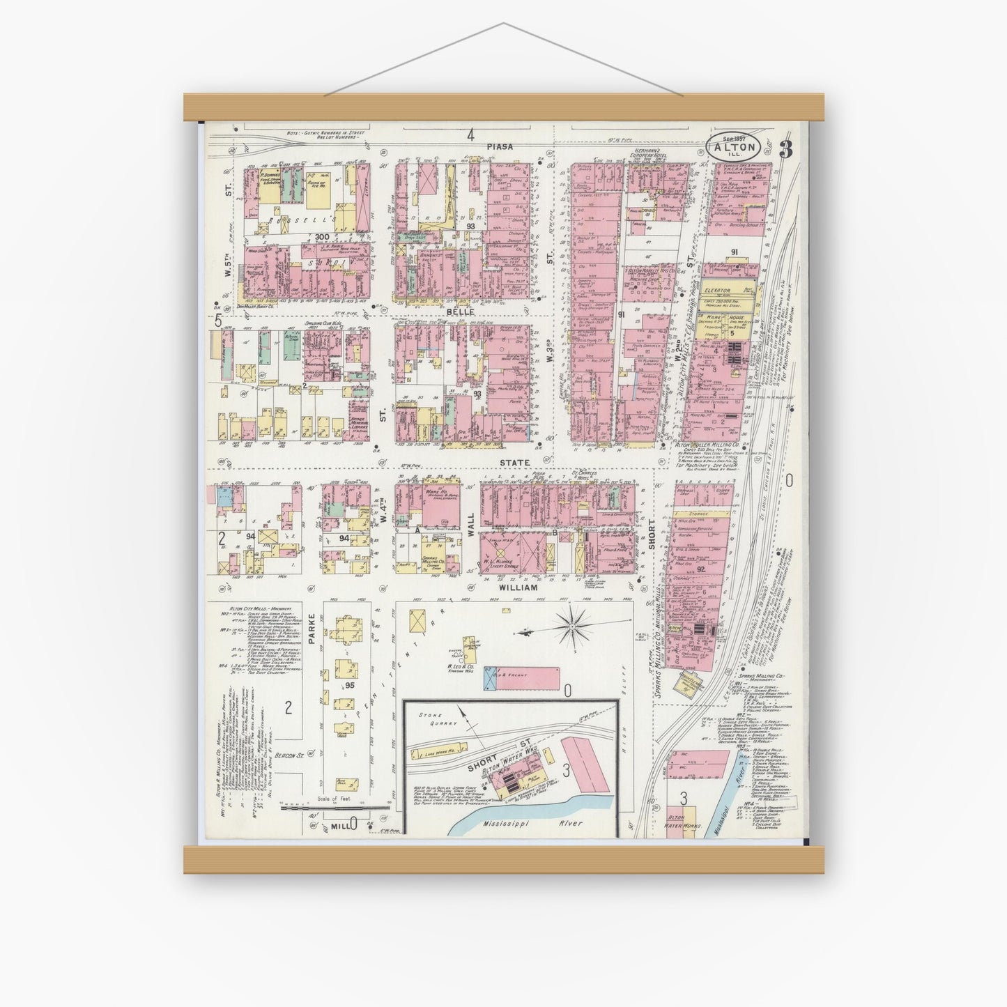 Old map wall art mockup — magnetic wood frame on white wall — Sanborn Fire Insurance Map from Alton, Madison County, Illinois (1897), Sheet #0003