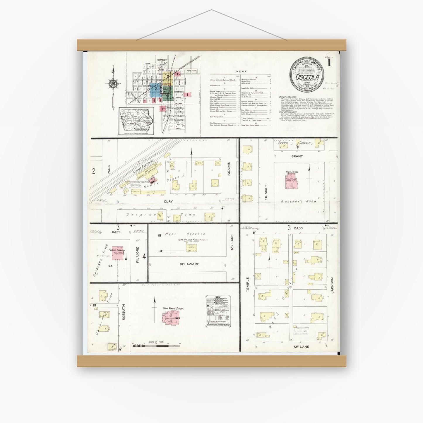 Old map wall art mockup — magnetic wood frame on white wall — Sanborn Fire Insurance Map from Osceola, Clarke County, Iowa (1913) â€” Complete Set