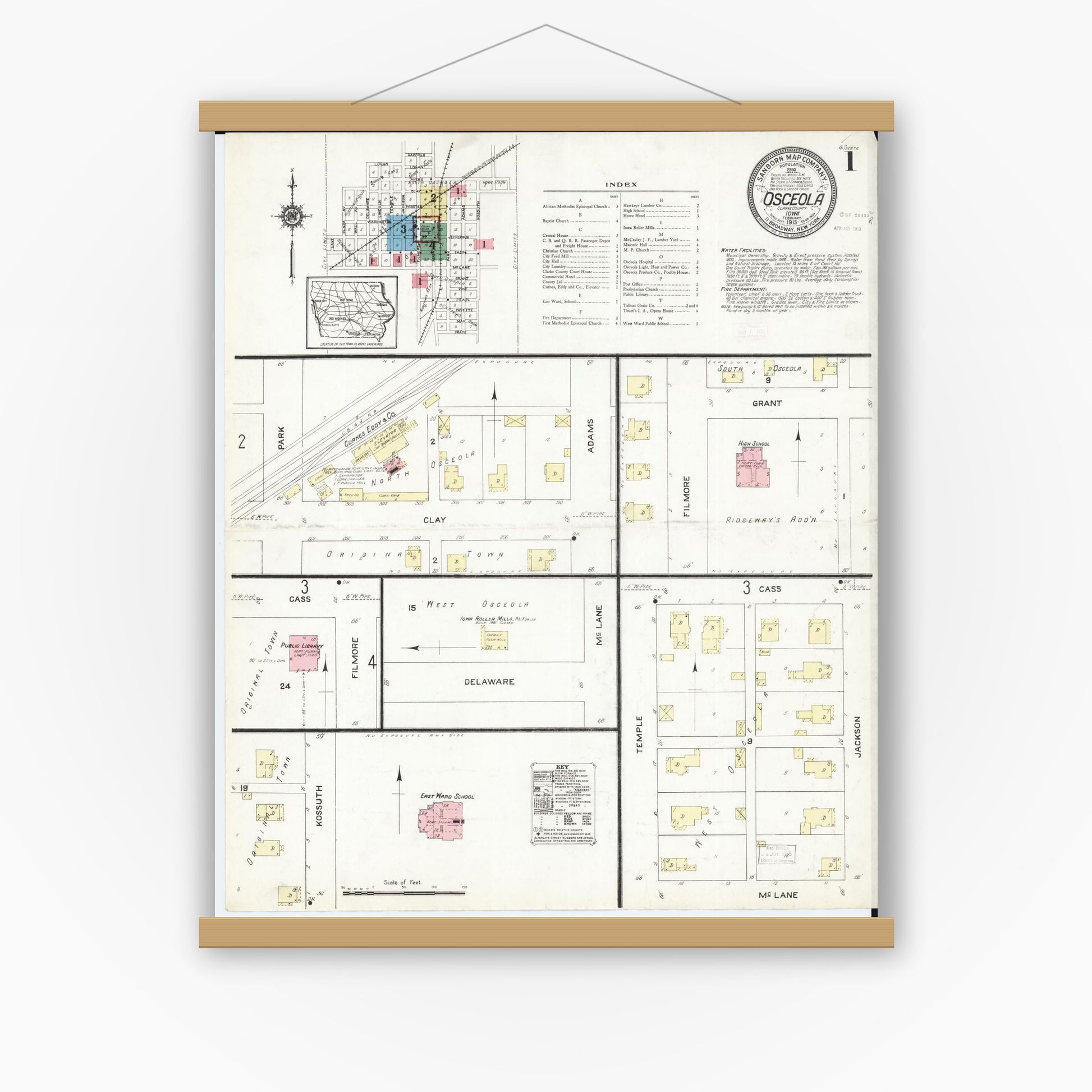 Old map wall art mockup — magnetic wood frame on white wall — Sanborn Fire Insurance Map from Osceola, Clarke County, Iowa (1913) â€” Complete Set
