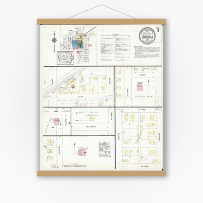 Old map wall art mockup — magnetic wood frame on white wall — Sanborn Fire Insurance Map from Osceola, Clarke County, Iowa (1913) â€” Complete Set
