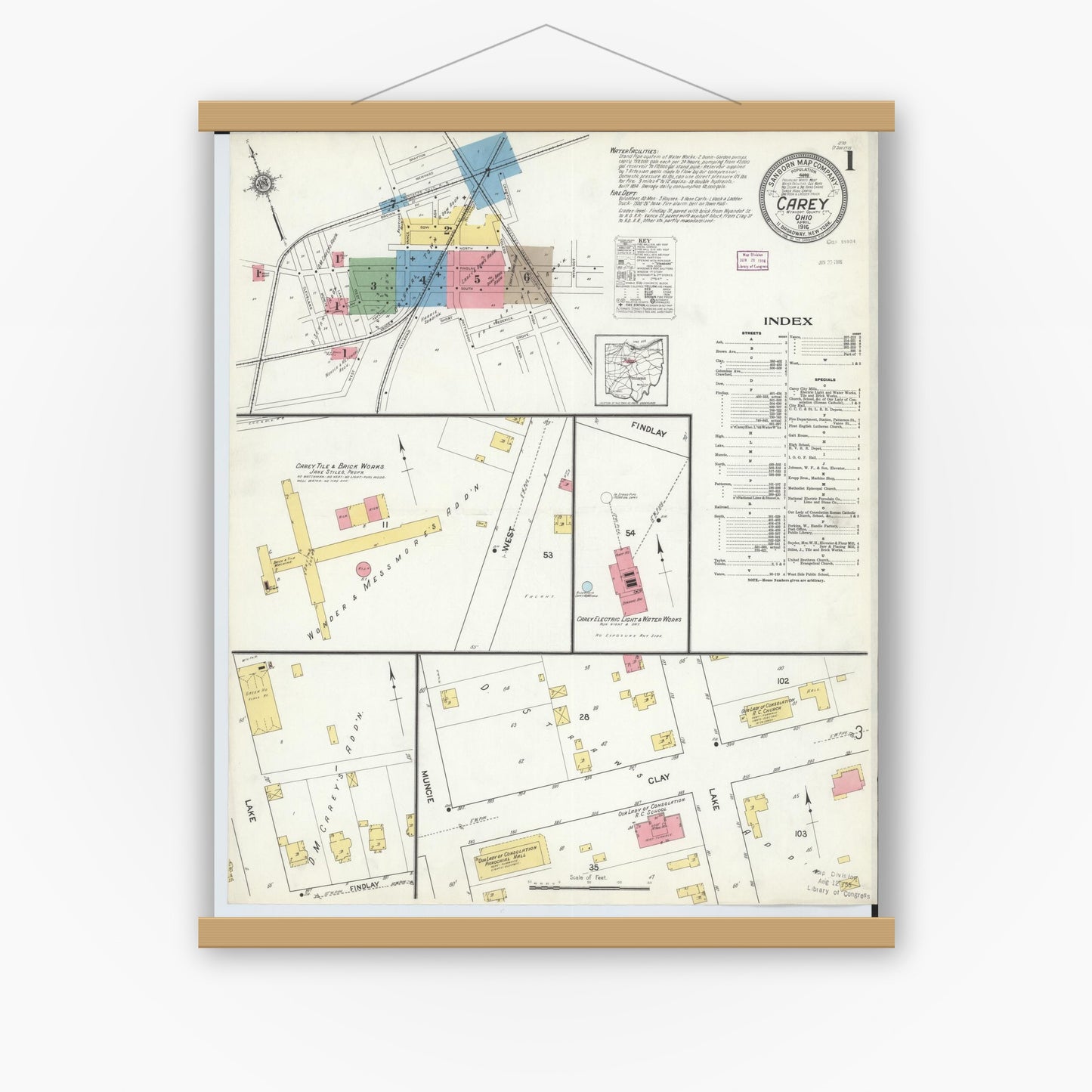 Old map wall art mockup — magnetic wood frame on white wall — Sanborn Fire Insurance Map from Carey, Wyandot County, Ohio (1916) - Complete Map Set
