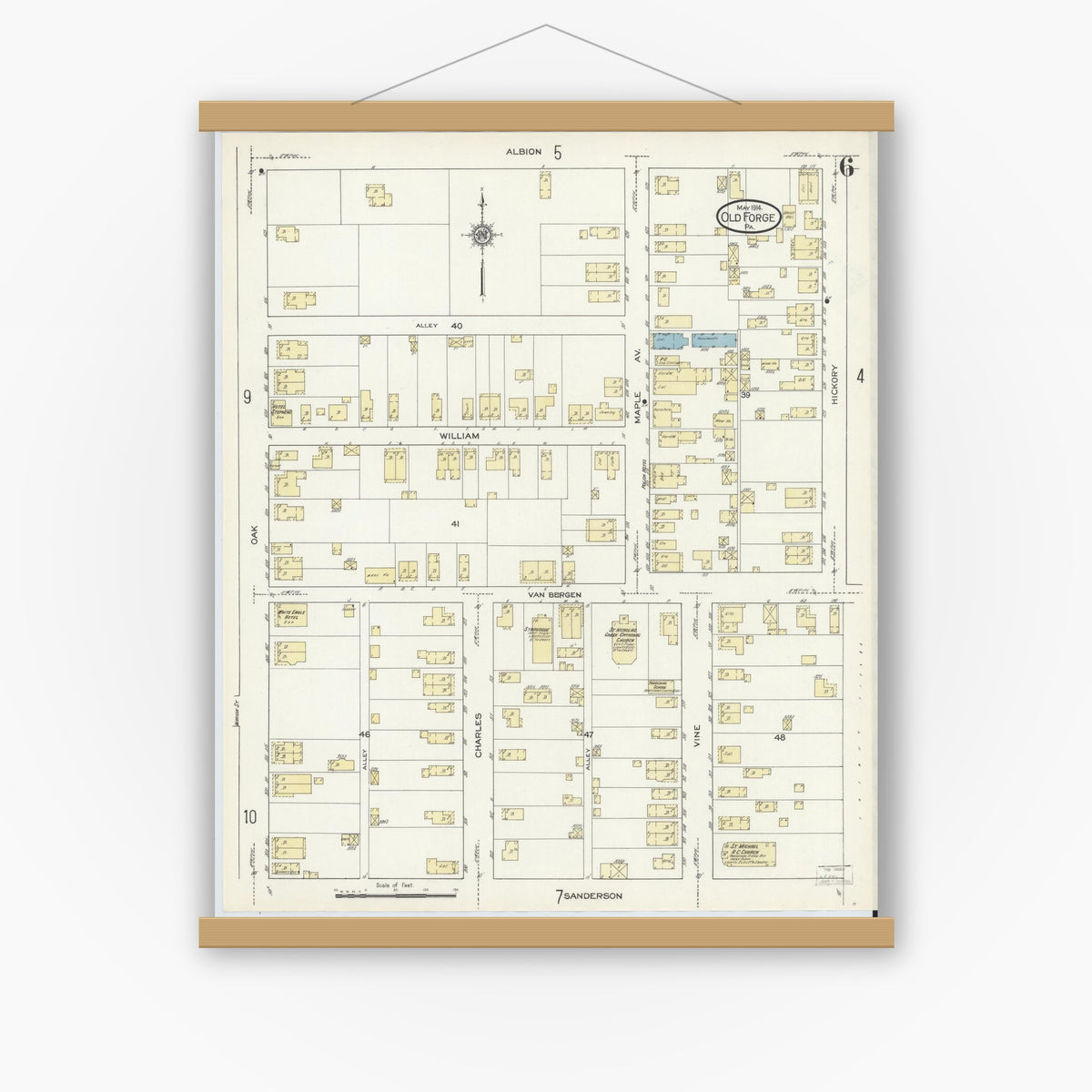 Old map wall art mockup — magnetic wood frame on white wall — Sanborn Fire Insurance Map from Old Forge, Lackawanna County, Pennsylvania (1914), Sheet #0006