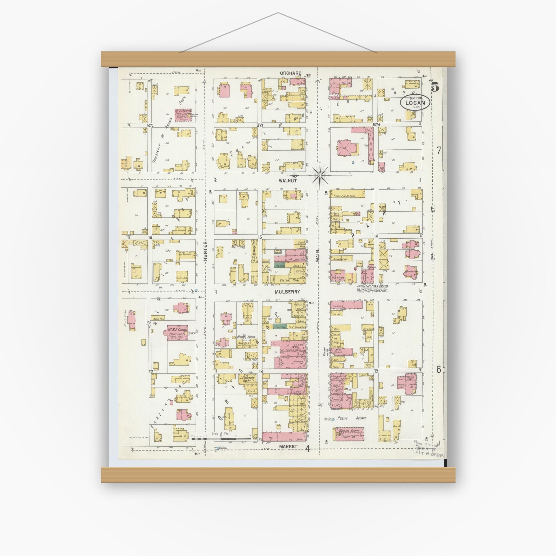 Old map wall art mockup — magnetic wood frame on white wall — Sanborn Fire Insurance Map from Logan, Hocking County, Ohio (1900), Sheet #0005
