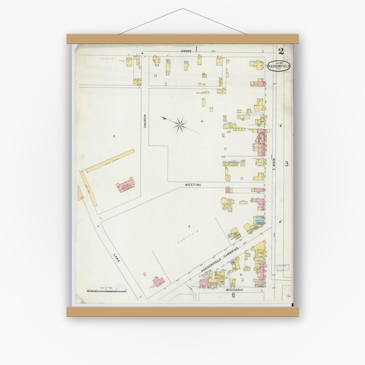 Old map wall art mockup — magnetic wood frame on white wall — Sanborn Fire Insurance Map from Haddonfield, Camden County, New Jersey (1897), Sheet #0002