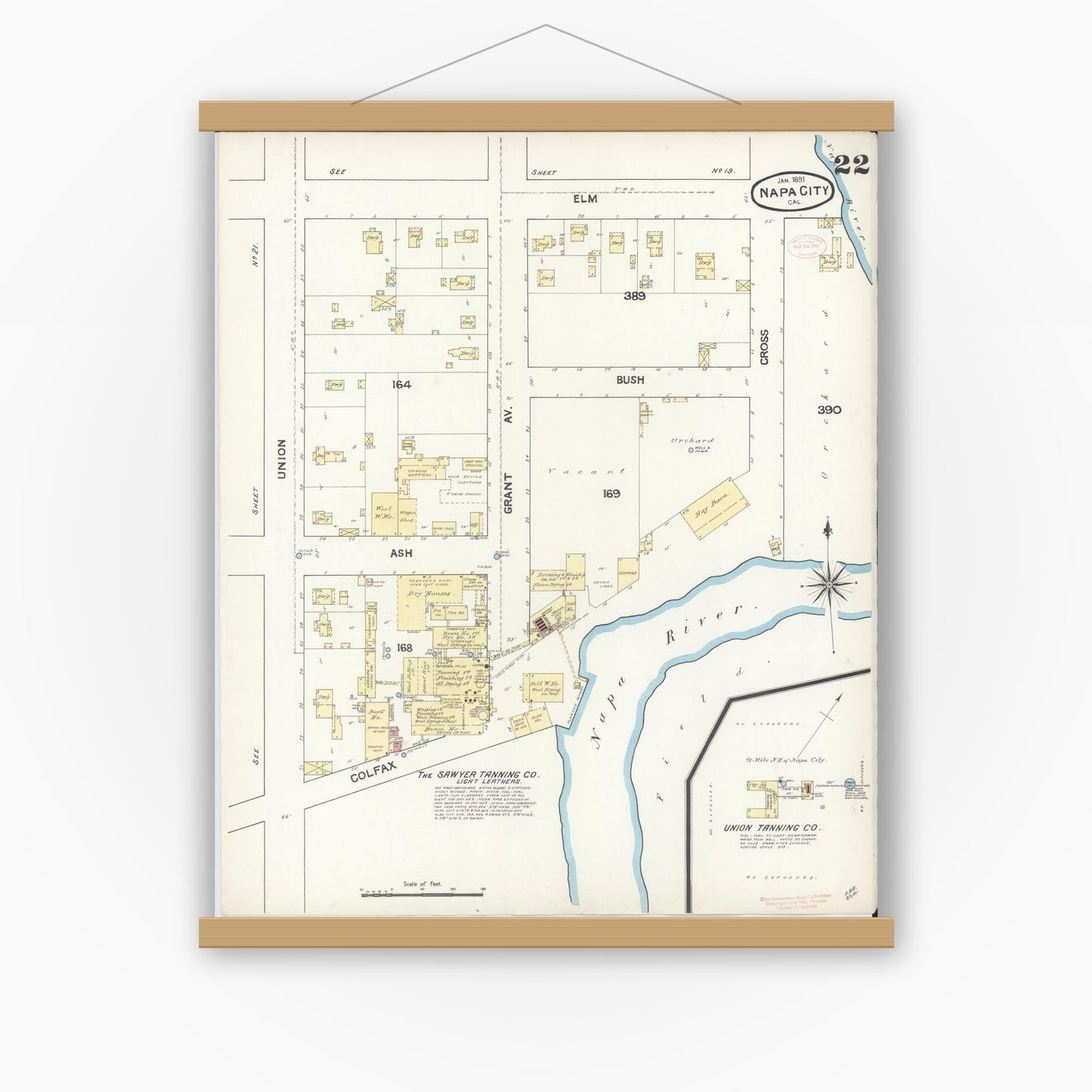 Old map wall art mockup — magnetic wood frame on white wall — Sanborn Fire Insurance Map from Napa, Napa County, California (1891), Sheet #0022