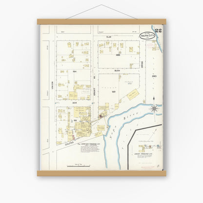 Old map wall art mockup — magnetic wood frame on white wall — Sanborn Fire Insurance Map from Napa, Napa County, California (1891), Sheet #0022