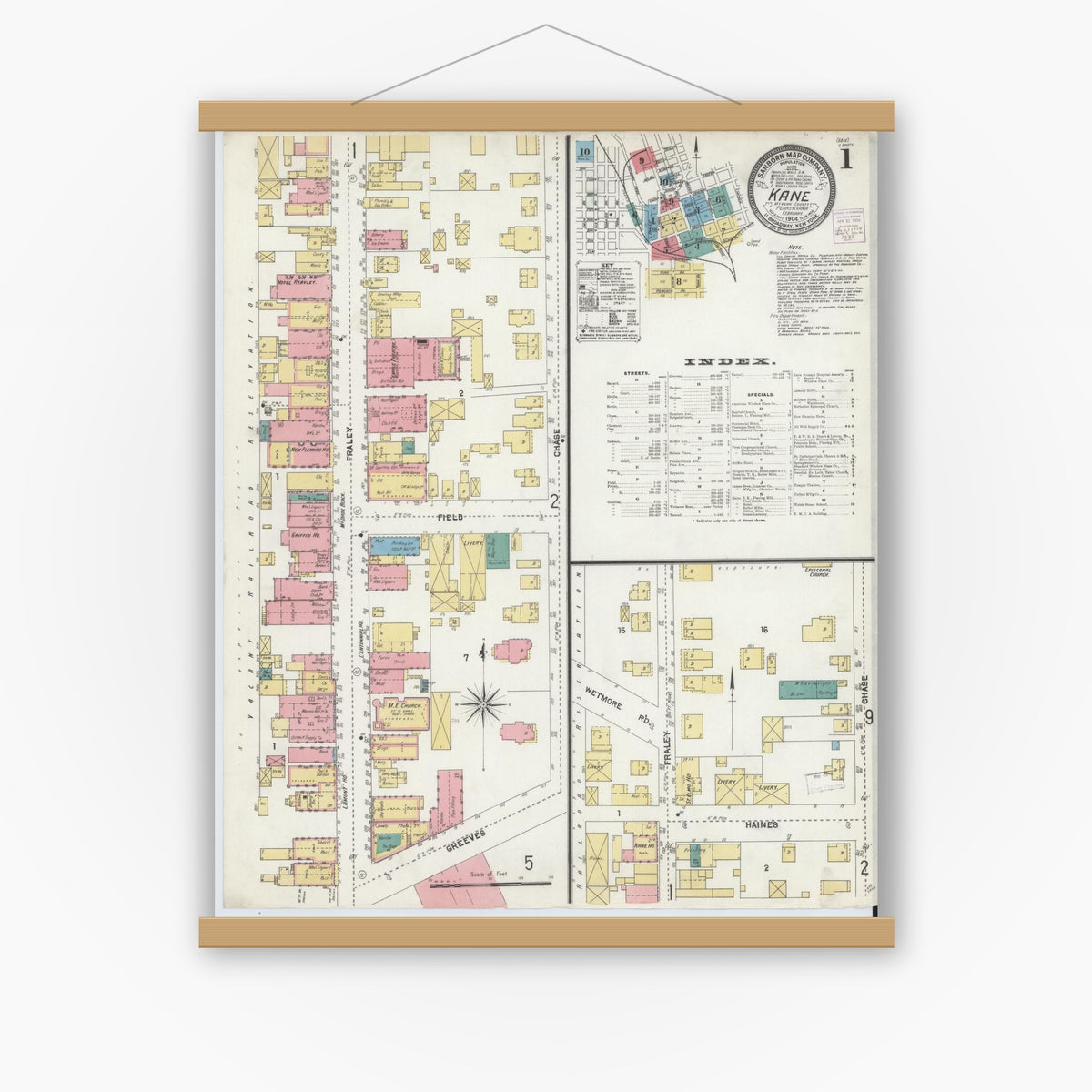 Old map wall art mockup — magnetic wood frame on white wall — Sanborn Fire Insurance Map from Kane, McKean County, Pennsylvania (1904) - Complete Map Set