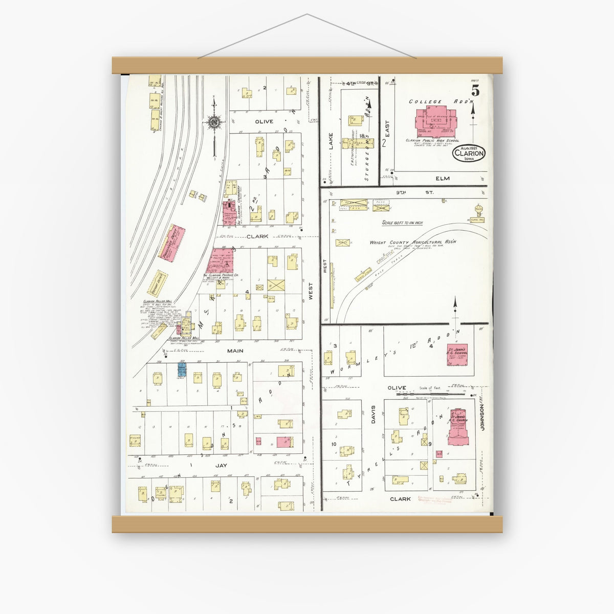 Old map wall art mockup — magnetic wood frame on white wall — Sanborn Fire Insurance Map from Clarion, Wright County, Iowa (1921), Sheet #0005