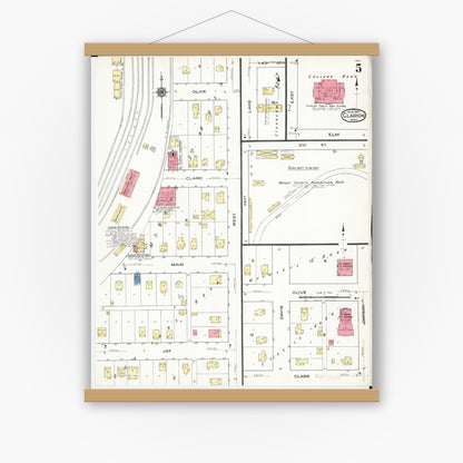 Old map wall art mockup — magnetic wood frame on white wall — Sanborn Fire Insurance Map from Clarion, Wright County, Iowa (1921), Sheet #0005