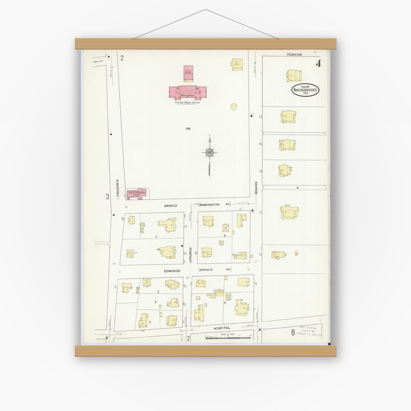 Old map wall art mockup — magnetic wood frame on white wall — Sanborn Fire Insurance Map from Nacogdoches, Nacogdoches County, Texas (1912), Sheet #0004