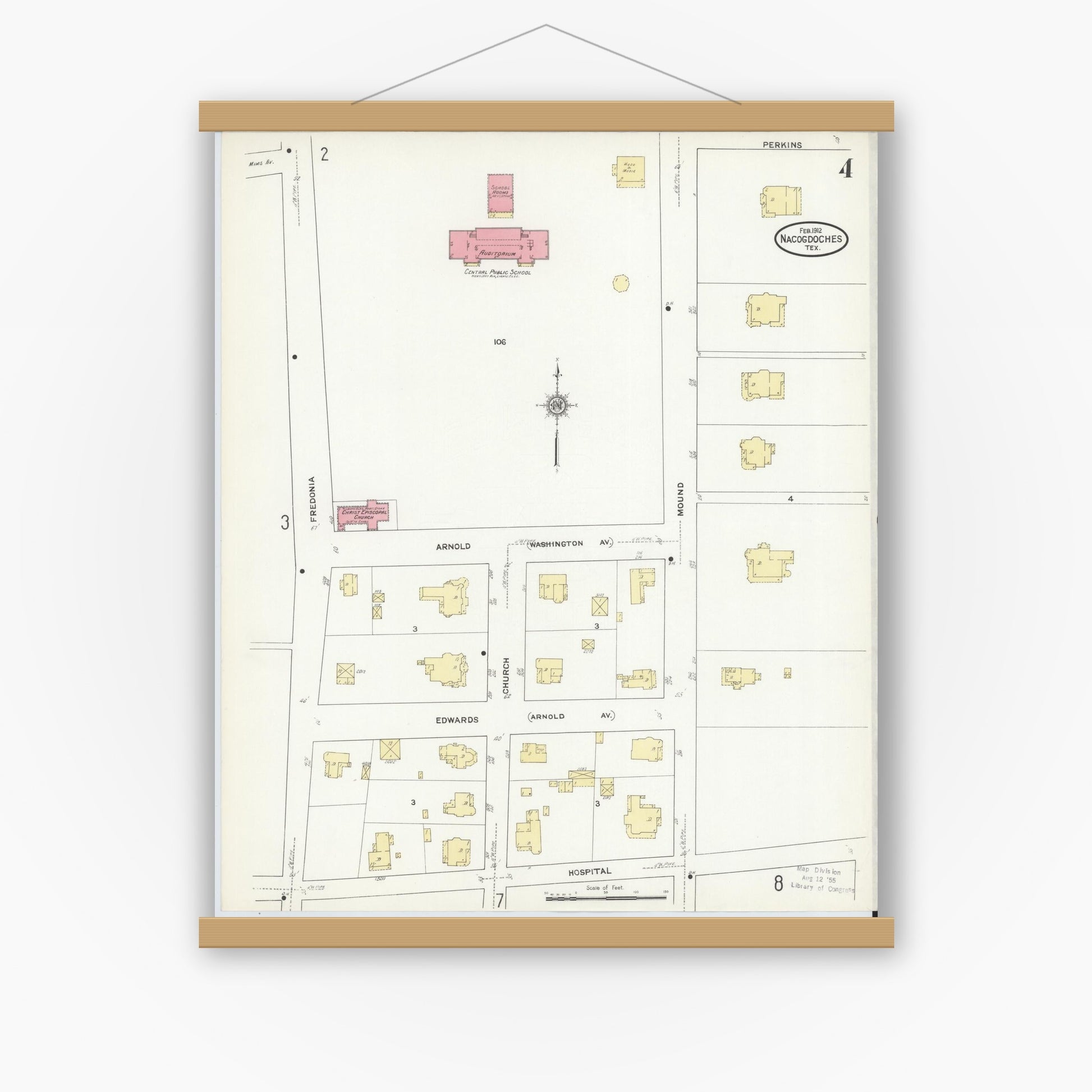 Old map wall art mockup — magnetic wood frame on white wall — Sanborn Fire Insurance Map from Nacogdoches, Nacogdoches County, Texas (1912), Sheet #0004