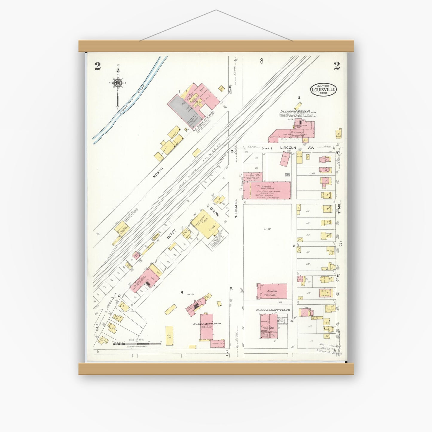Old map wall art mockup — magnetic wood frame on white wall — Sanborn Fire Insurance Map from Louisville, Stark County, Ohio (1923), Sheet #0002
